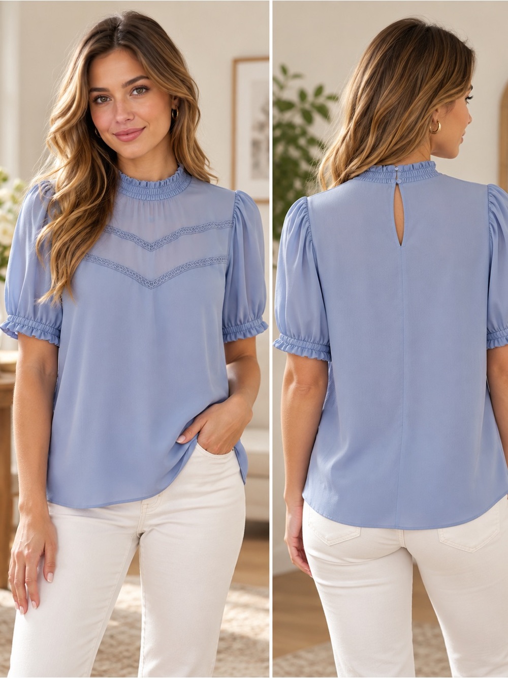 LOFT Large Dusty Blue Puff Sleeve Smocked Neck Lace Trim Blouse